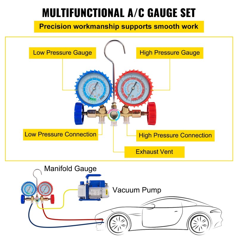 Kylmäainevakuumipumppu 4CFM 1/3HP alumiiniseosrunko kuparikäämimoottori jakotukkisarja kolme letkua sopii yleisille