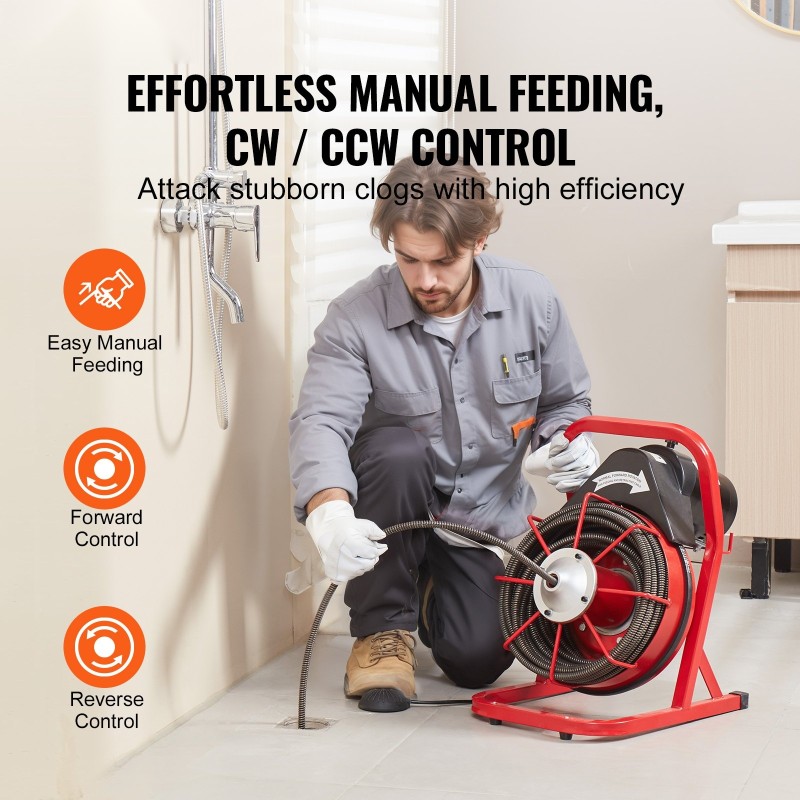 Sähkökäyttöinen viemärinavauskone 75 jalan puolituuman terässydinkaapelilla 2–4 tuuman putkille