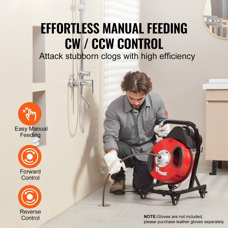 Viemärinavauskone 50 jalan puoli tuuman teräskaapelilla pyörillä 4 leikkuupäätä 2–4 tuuman putkille