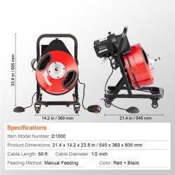 Viemärinavauskone 50 jalan puoli tuuman teräskaapelilla pyörillä 4 leikkuupäätä 2–4 tuuman putkille