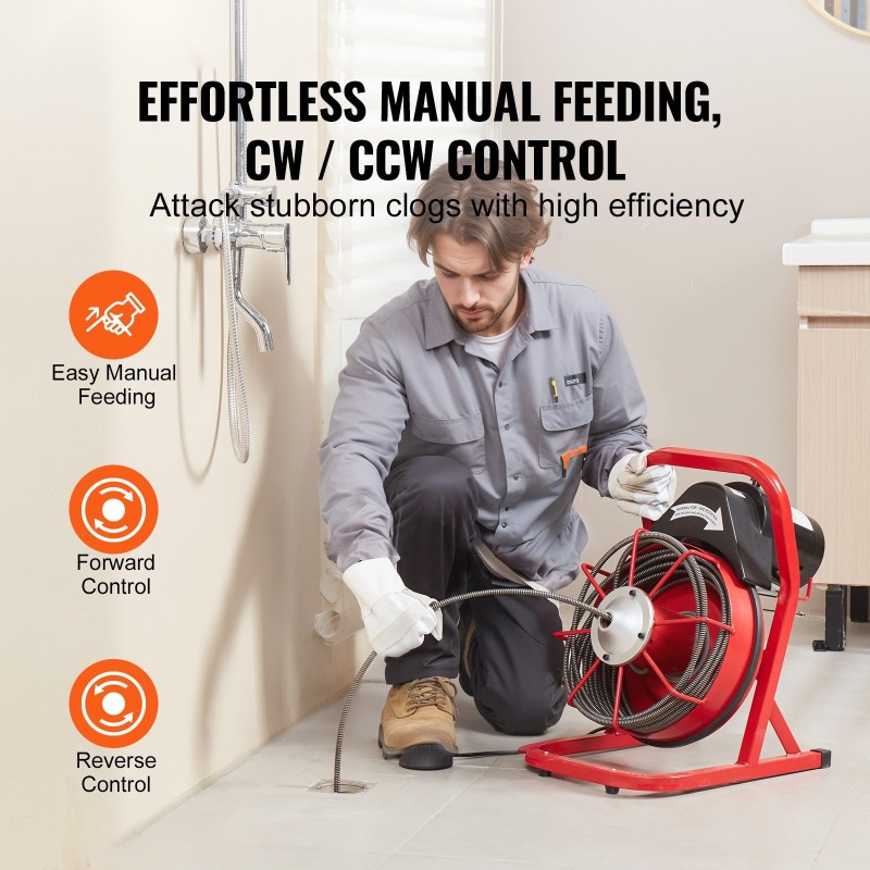 Sähköinen viemärinavauskone 3/8 tuuman teräskaapeli 4 leikkuupäätä 2–4 tuuman putkille