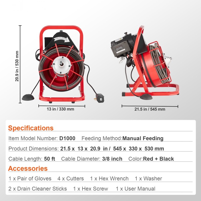 Sähköinen viemärinavauskone 3/8 tuuman teräskaapeli 4 leikkuupäätä 2–4 tuuman putkille
