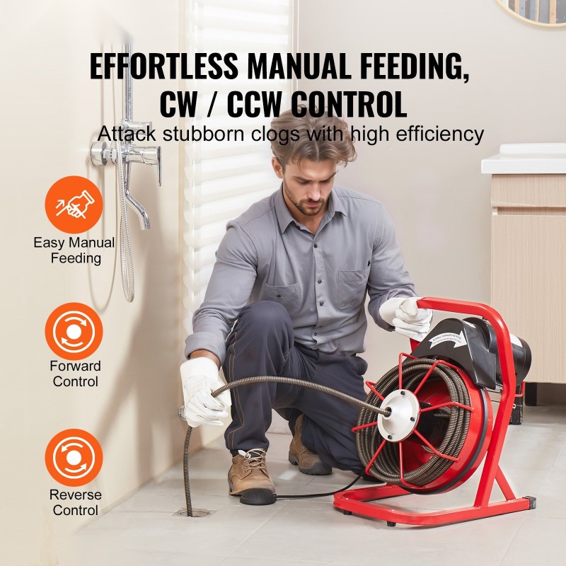 Sähkökäyttöinen viemärinavauskone viidenkymmenen jalan puolituuman teräskaapelilla 2–4 tuuman putkille