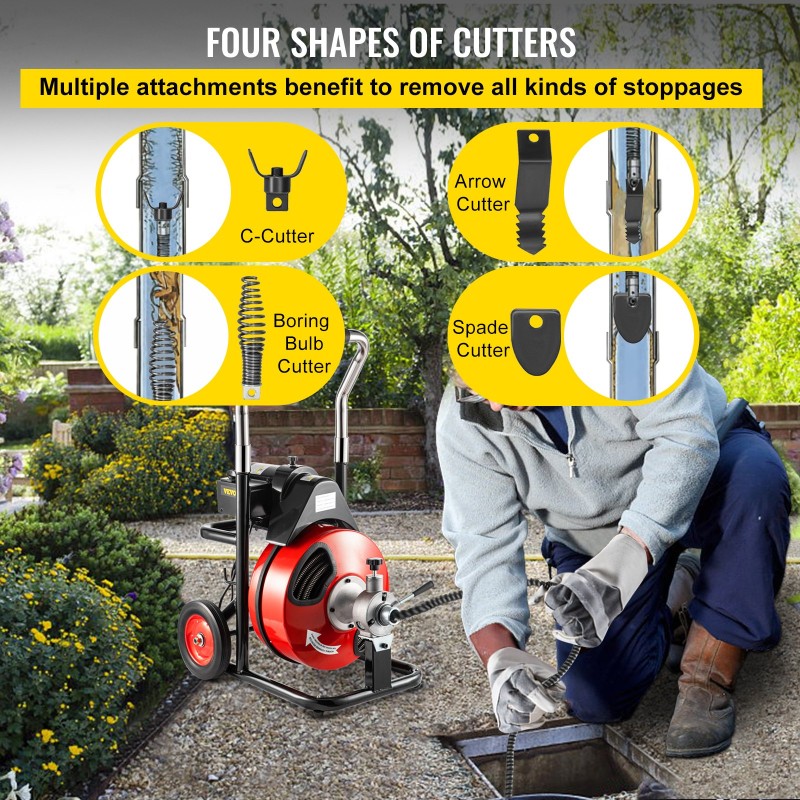 Sähköinen viemärin puhdistuskone 23 m 10 mm teräsydinkaapelilla 25–100 mm putkille