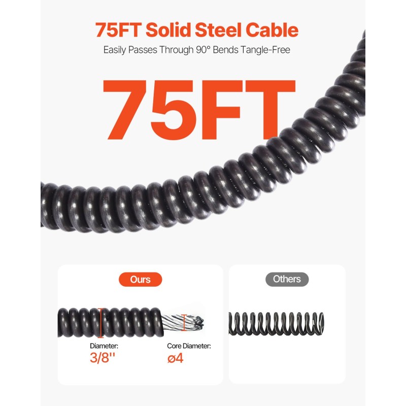 Sähköinen viemärinavauskone 75 jalkaa 9,5 mm kaapelilla automaattisella syötöllä