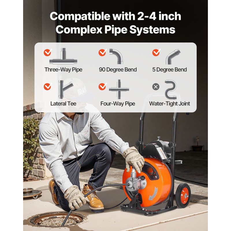 Sähköinen viemärinavauskone automaattisella syötöllä 50 jalan 1/2 tuuman kaapelilla sisä- ja ulkokäyttöön