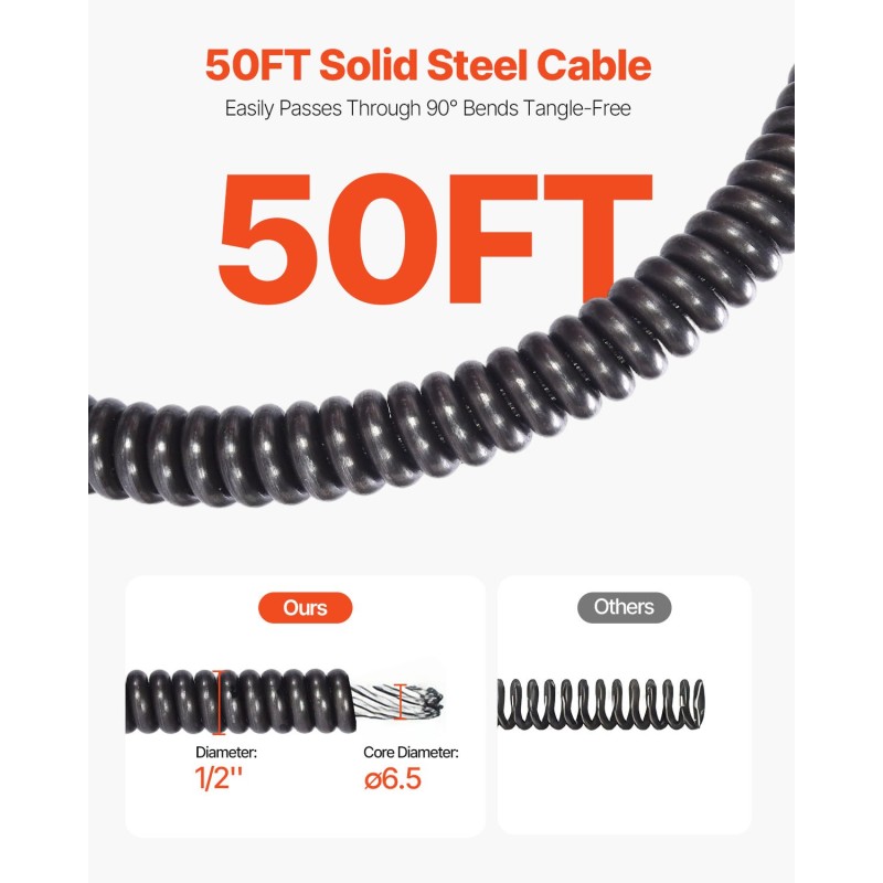 Sähköinen viemärinavauskone automaattisella syötöllä 50 jalan 1/2 tuuman kaapelilla sisä- ja ulkokäyttöön