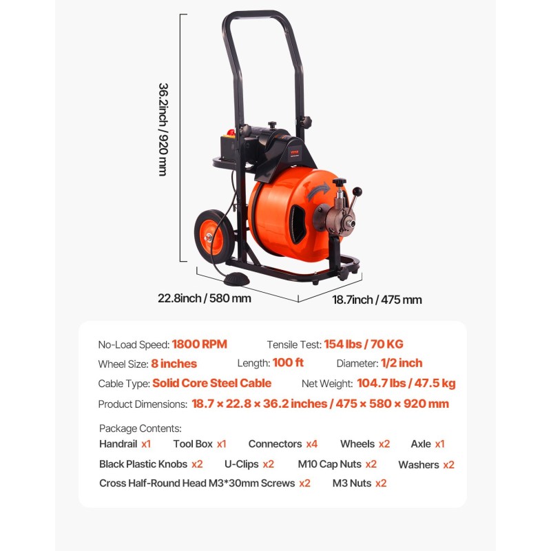 Sähkökäyttöinen viemärinavauskone automaattisella syötöllä puolituuman kaapelilla jalkakytkimellä