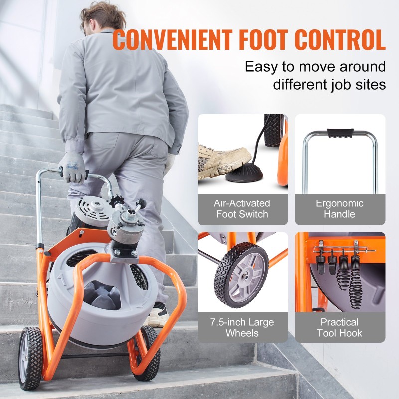 Viemärin puhdistuskone teräskaapeli 30,5 m 9,5 mm automaattisyöttö 8 terää pyörillä