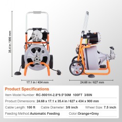 Viemärin puhdistuskone teräskaapeli 30,5 m 9,5 mm automaattisyöttö 8 terää pyörillä