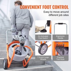 Sähkökäyttöinen viemärinavauskone 75 jalan 3/8 tuuman teräskaapelilla 2–4 tuuman putkille 8 leikkuuterällä