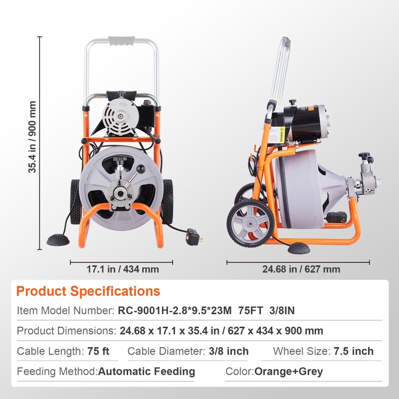 Sähkökäyttöinen viemärinavauskone 75 jalan 3/8 tuuman teräskaapelilla 2–4 tuuman putkille 8 leikkuuterällä