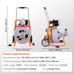 Sähköinen viemärinavauskone muovirummulla 100 jalan 1/2-tuumainen kaapeli 2–4 tuuman putkille