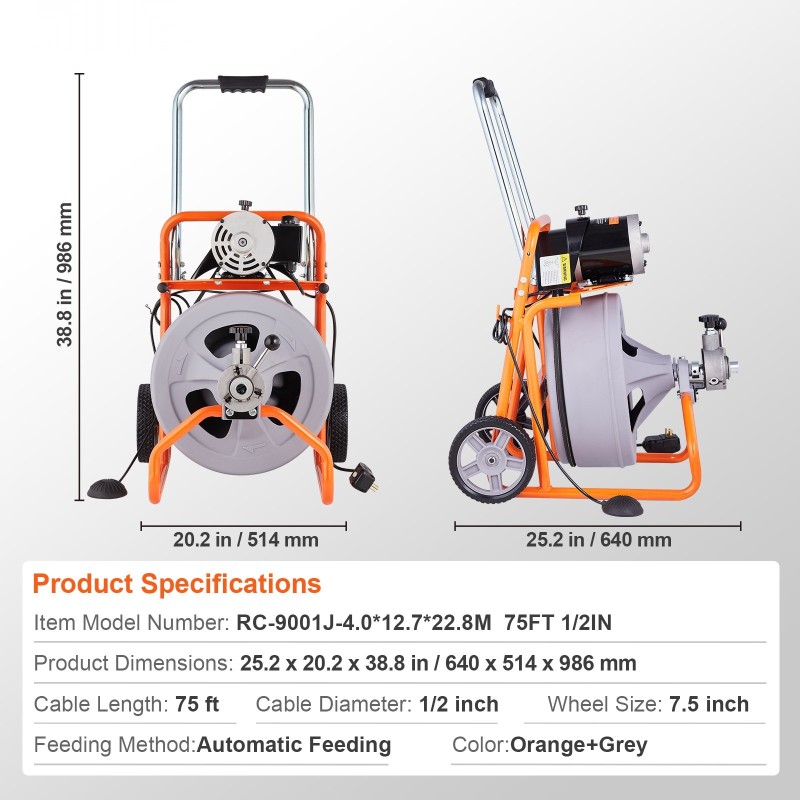 Sähköinen viemärinavauskone 22,8 m 1/2-tuumaisella teräskaapelilla 2–4 tuuman putkille