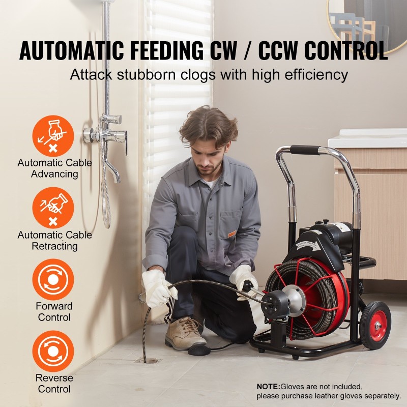 Sähkökäyttöinen viemärinavauskone teräsvaijerilla 30,5 metriä 9,52 millimetriä kahdeksan leikkuupäätä automaattisella syötöllä