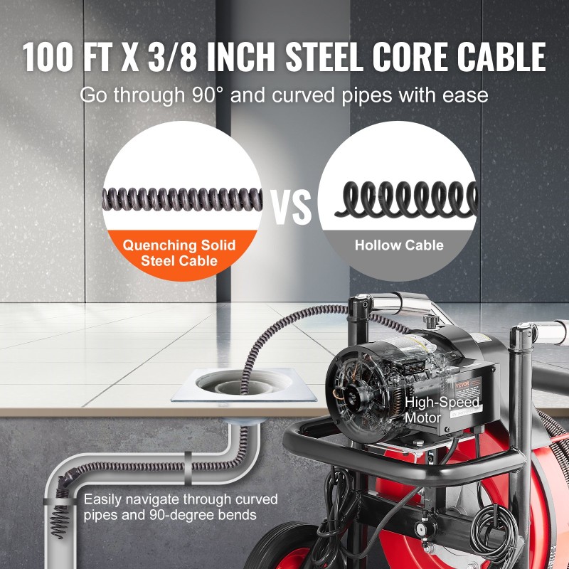 Sähkökäyttöinen viemärinavauskone teräsvaijerilla 30,5 metriä 9,52 millimetriä kahdeksan leikkuupäätä automaattisella syötöllä