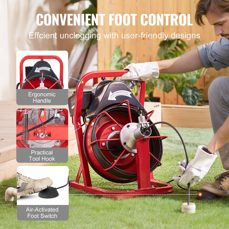 Sähköinen viemärinkone 50-jalan 3/8-tuuman teräskaapeli automaattisyöttö 4 vaihdettavaa leikkuupäätä