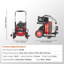 Sähkökäyttöinen viemärinavauskone 100 jalan puolituuman teräskaapelilla 2–4 tuuman putkille automaattisella syötöllä