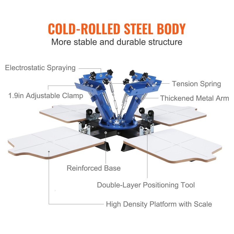 Silkkipainokone kylmävalssattu teräsrunko 4-värinen 4-asemainen 360° kääntyvä 54x45 cm paletti
