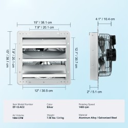 Seinään asennettava poistoilmapuhallin alumiiniseos 305 mm vaihtovirtamoottorilla säleikköluukuilla kasvihuoneisiin