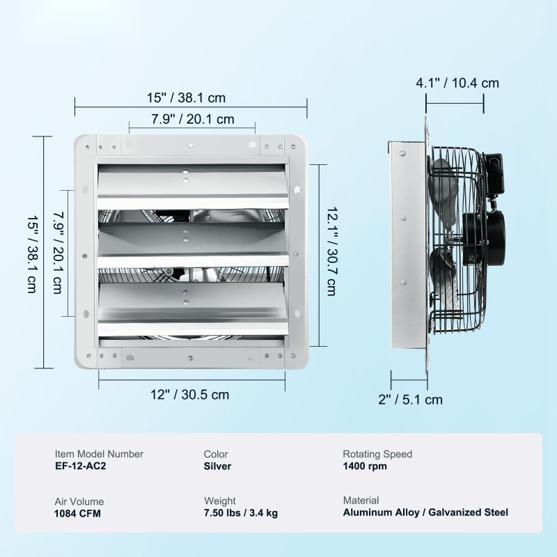 Seinään asennettava poistoilmapuhallin alumiiniseos 305 mm vaihtovirtamoottorilla säleikköluukuilla kasvihuoneisiin