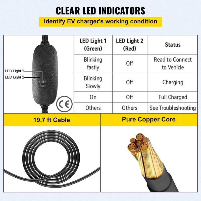 Kannettava sähköauton laturi Type 2 -liitin 2,3 kW 10A 6 m kaapeli