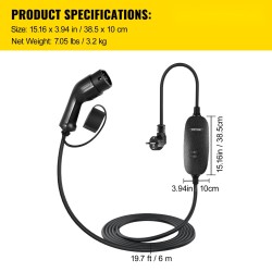 Kannettava sähköauton laturi Type 2 -liitin 2,3 kW 10A 6 m kaapeli