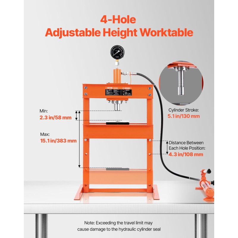 Hydraulinen H-muotoinen puristin 10 tonnin lattiamalli teräsrunko säädettävä varoventtiilillä