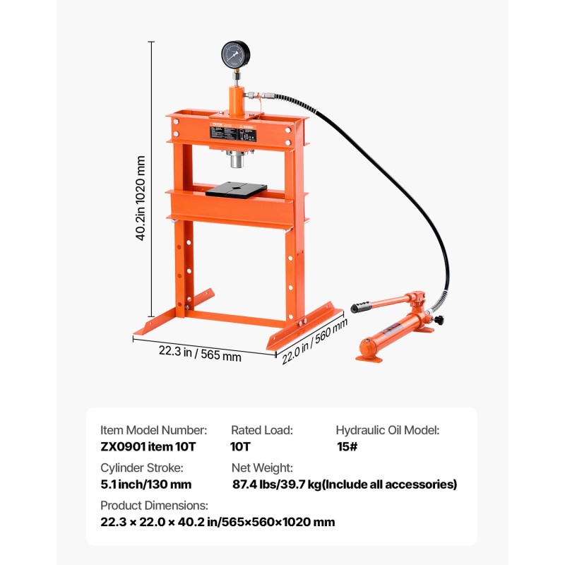 Hydraulinen H-muotoinen puristin 10 tonnin lattiamalli teräsrunko säädettävä varoventtiilillä