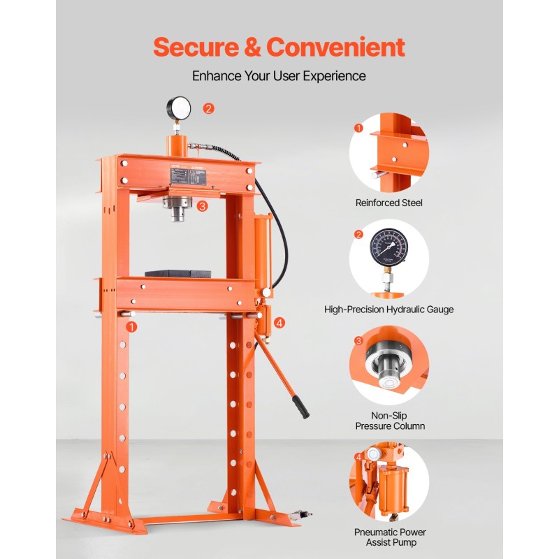 Hydraulinen H-kehyksinen 30 t työpajapuristin paksunnettu teräsrakenne paineilmakäyttöinen kolmionmuotoinen tuki