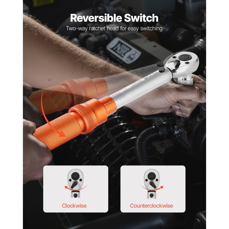 1/4-tuumainen vääntömomenttiavainsarja 20–240 lbf-in 2.3–27.1 N.m kaksisuuntainen kaksiasteikoinen 72-hampainen räikkä