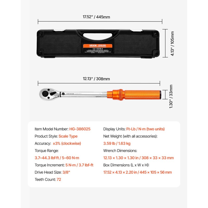 Momenttiavainsetti 3/8-tuumainen 5–60 Newtonmetriä kaksisuuntainen 72-hampainen hylsyineen