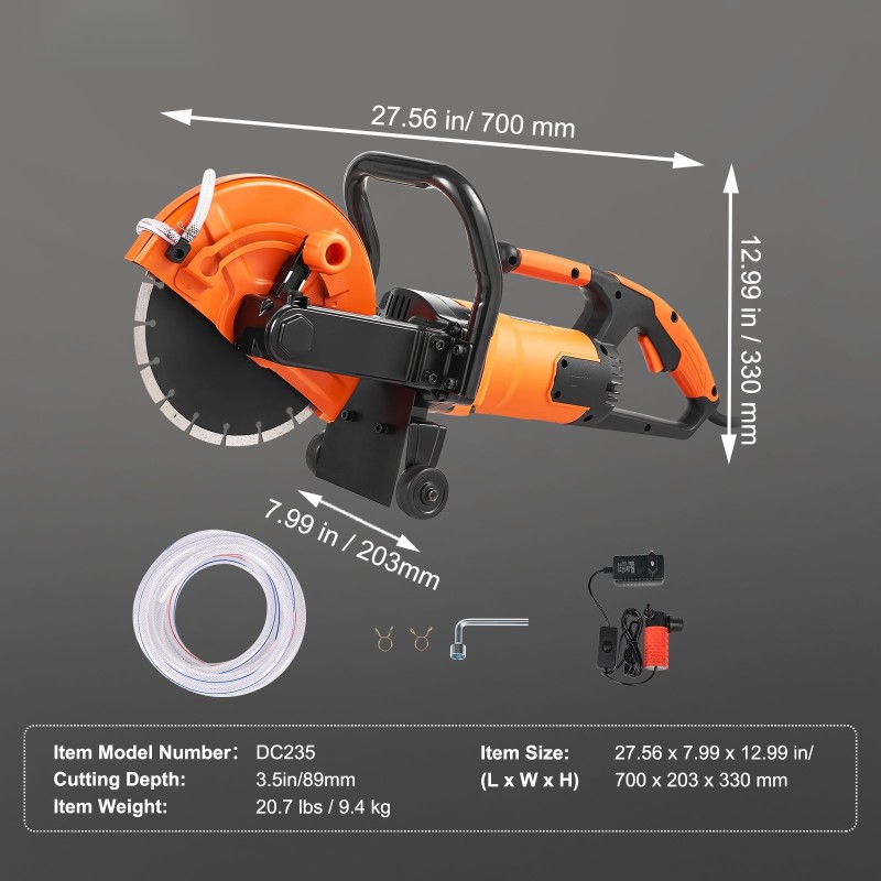 Sähköinen betonisaha 23 cm terällä märkä- ja kuivaleikkaukseen vesipumpulla