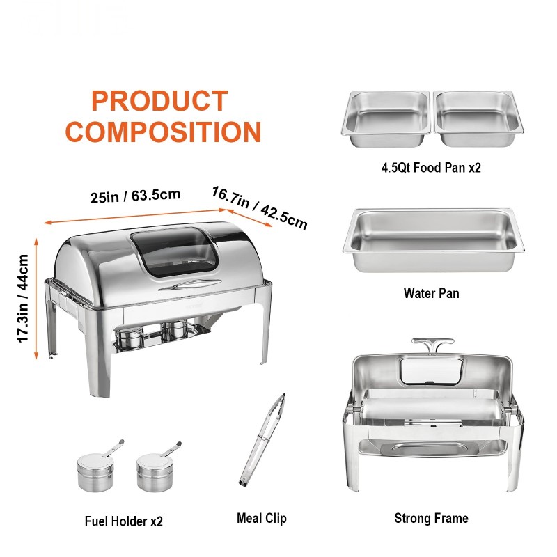 Liukukannellinen tarjoiluvati elintarvikelaatuinen 201-ruostumaton teräs 8,5 l pannulla lasikansi polttoainepidin