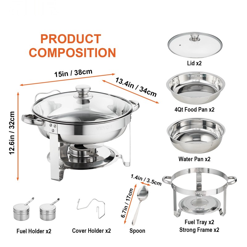 Pyöreät täysikokoiset lämmitysastiat 2 kpl elintarvikekelpoisesta 201-ruostumattomasta teräksestä lasikansilla