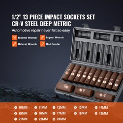Iskuhylsysarja 1/2 tuuman CR-V-seosteräs 13-osainen syvät hylsyt 10–24 mm