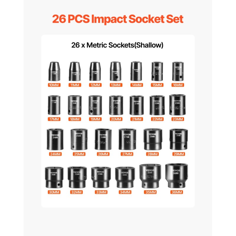 Iskuhylsysarja kromi-vanadiiniteräs 1/2 tuuman 26 osaa 10–36 mm matala 6-kulmainen säilytyslaukulla