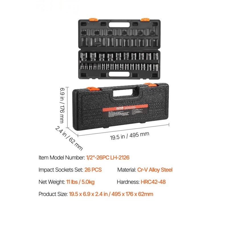 Iskuhylsysarja kromi-vanadiiniteräs 1/2 tuuman 26 osaa 10–36 mm matala 6-kulmainen säilytyslaukulla