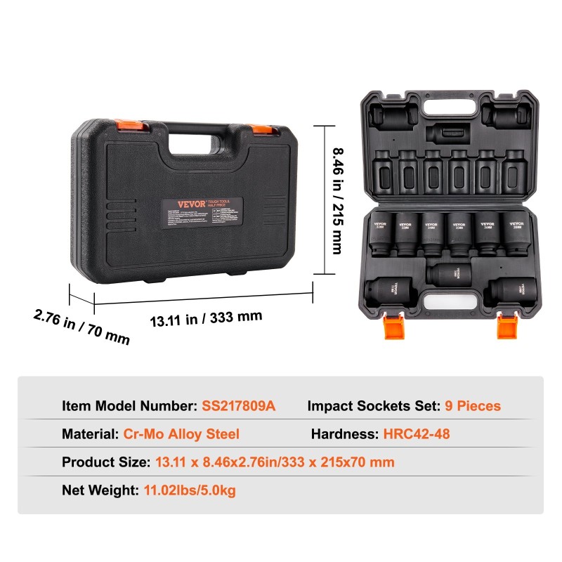 Iskuhylsysarja 1/2-tuumainen 9-osainen syvät hylsyt 29–38 mm Cr-Mo-seosteräs