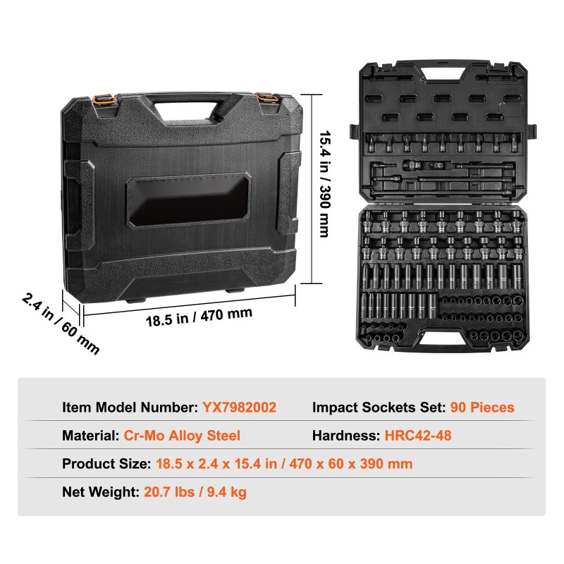 Iskuhylsysarja 3/8 tuuman kromi-molybdeeni-seosteräs 90 osaa SAE 1/4–3/4 ja 6–19 mm autonhuoltoon