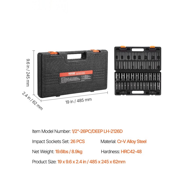 Iskihylsysarja kromivanadiiniteräs syvät 6-kulmaiset 1/2 tuuman vetoneliö 26 hylsyä 10–36 mm