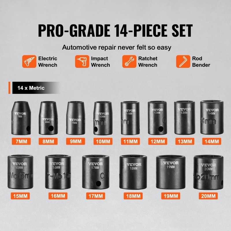 Iskuhylsysarja 3/8-vetoinen 14 osaa 7–20 mm 6-kulmainen Cr-Mo-seosteräs