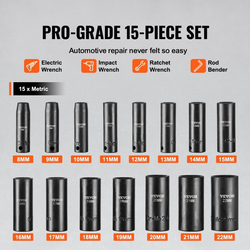 Iskihylsysarja 3/8-tuumainen CR-MO-seosteräs 15-osainen 8–22 mm autohuoltoon säilytyslaatikolla