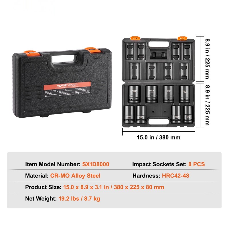 Iskevä 8-osainen hylsysarja CR-MO-seosteräs 1-tuumainen 2,5 cm kuusikulmainen säilytyskotelolla