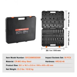 Iskuhylsysarja 59-osainen CR-MO-seosteräksestä SAE 5/16–1-1/4 ja 6–32 mm