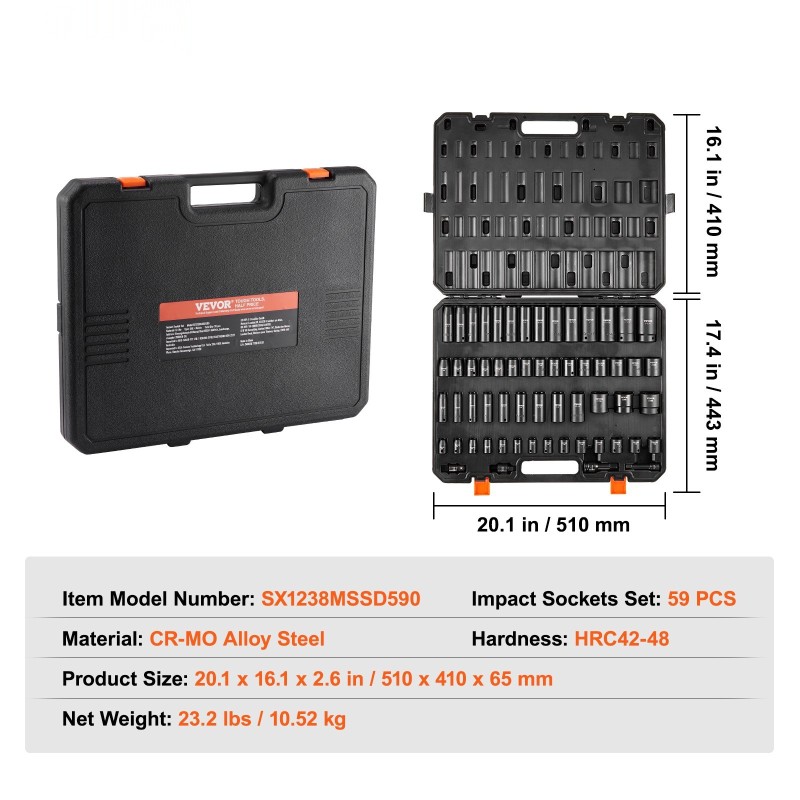 Iskuhylsysarja 59-osainen CR-MO-seosteräksestä SAE 5/16–1-1/4 ja 6–32 mm