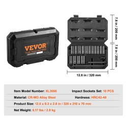 Iskusyvähylsysarja 3/8-tuuman 18-osainen CR-V-seosteräs 6-kulmainen 8–22 mm säilytyslaatikolla