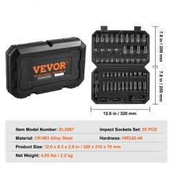 Hylsysarja 1/4 tuuman iskukäyttöön 55-osainen CR-V-seosteräs 5/32–9/16 tuumaa ja 4–15 mm