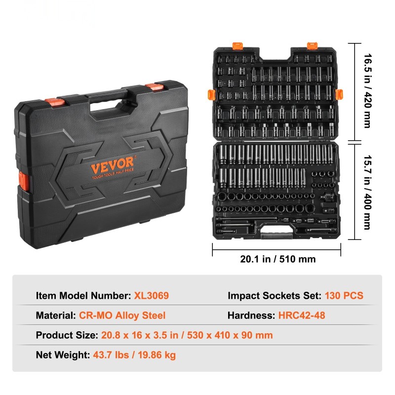 130-osainen iskevä hylsysarja 3/8 ja 1/2 tuumaa Cr-Mo-seosteräs SAE- ja metrisiä kokoja