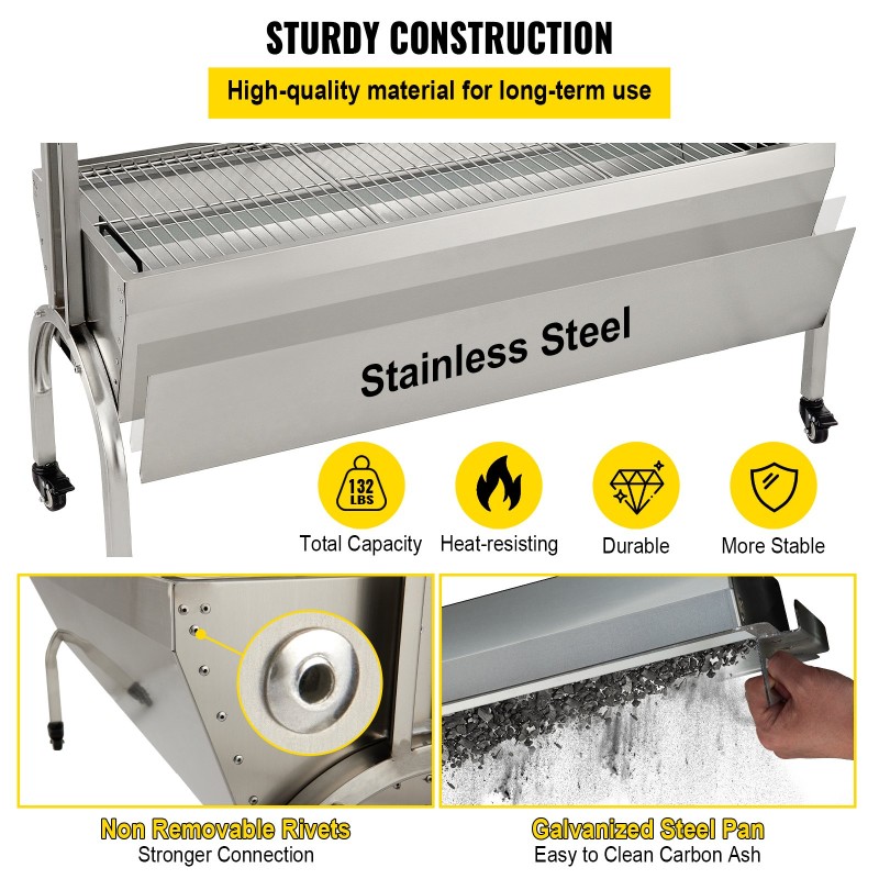 Pyörivä paistogrilli ruostumatonta ja sinkittyä terästä säädettävä vartaan korkeus lukittavat pyörät